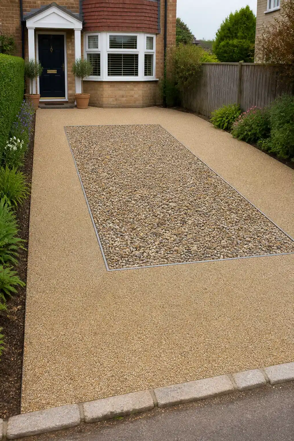 Resin driveway idea with a loose pebble inset panel and metal edging on a sandy bound aggregate surface.