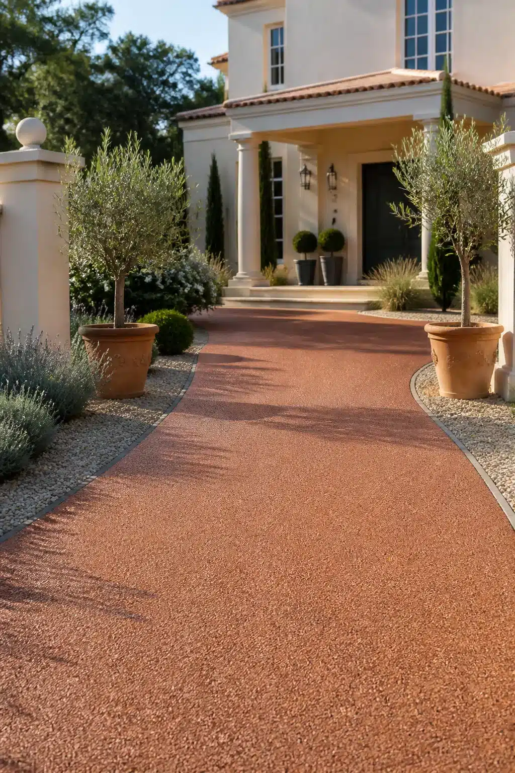 Terracotta resin bound aggregate driveway with olive trees — Mediterranean resin driveway ideas for front gardens