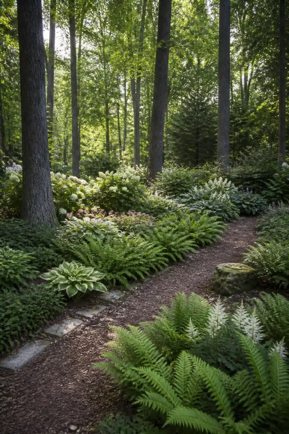 Woodland shade garden design layout with layered canopy, hostas, ferns, and hydrangeas under tall deciduous trees