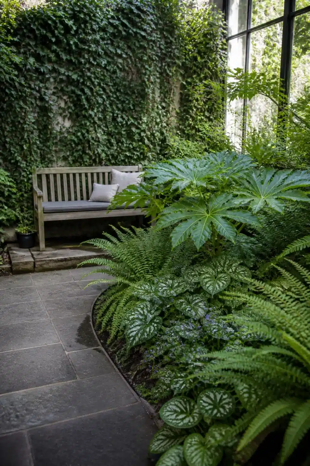 Shade garden design layout with ivy wall, slate paving, ferns, fatsia, and a timber bench in a shaded seating nook.