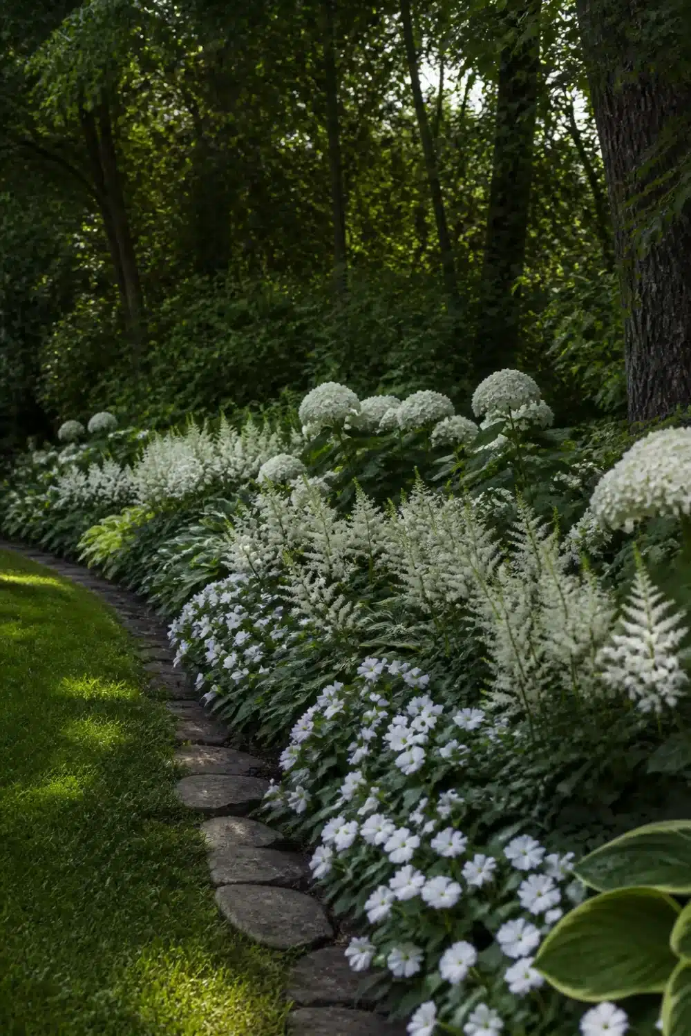 All-white shade garden design layout with hydrangeas, astilbe, and impatiens along a stone-edged border