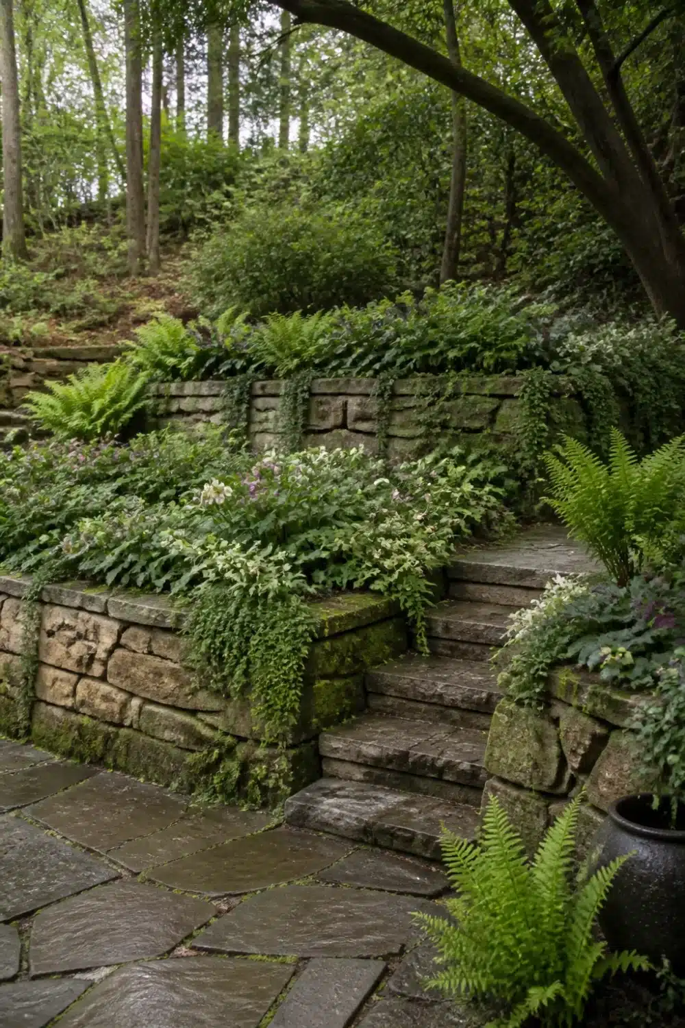 Stacked stone terrace shade garden design layout with ferns, moss-edged steps, and flagstone patio on a wooded slope.