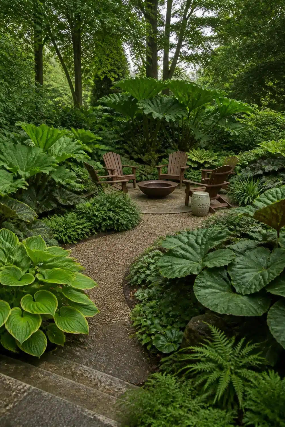Tropical shade garden design layout with giant foliage, gravel seating circle, and Adirondack chairs under tree canopy