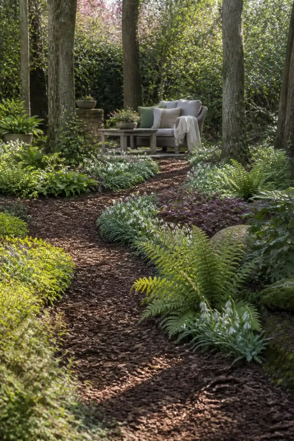 Bark chip path winding through fern drifts in a shade garden design layout under tall trees