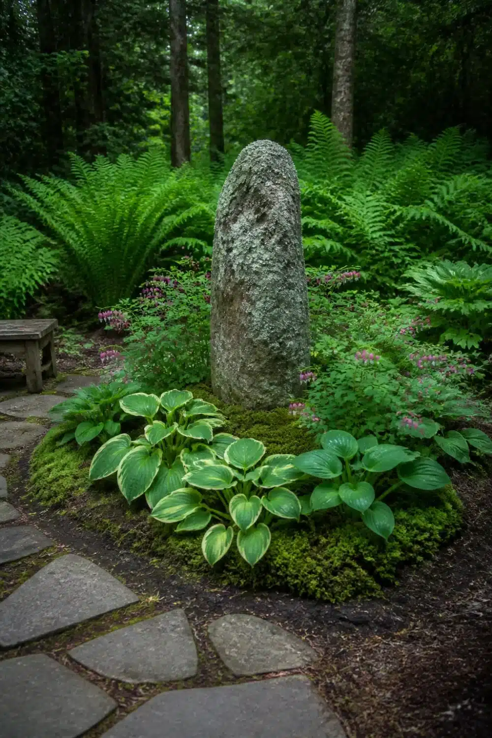 Shade garden design layout with standing lichen stone, variegated hostas, moss groundcover, and ferns under tree canopy.
