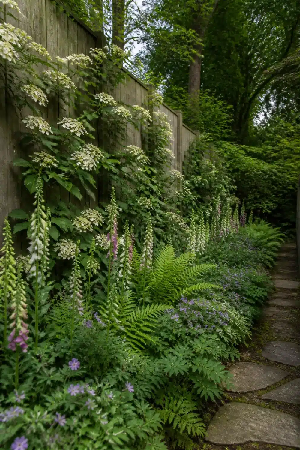 North-facing fence shade garden design layout with foxglove spires, ferns, and climbing hydrangea on timber fence.
