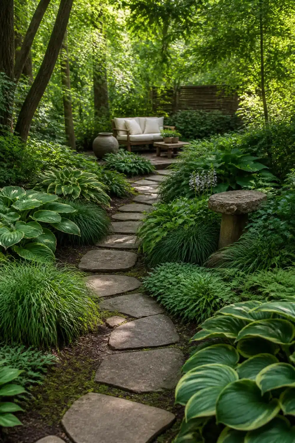 Curved flagstone path shade garden design layout with hosta borders and a shaded woodland seating area