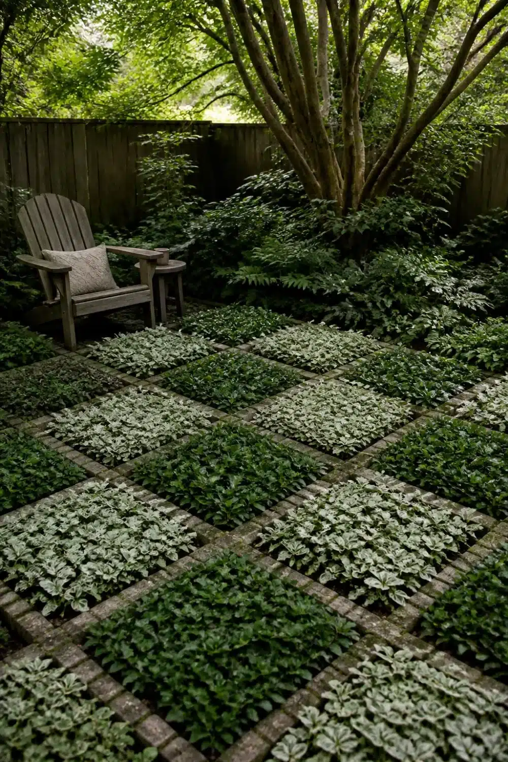 Shade garden design layout with brick checkerboard grid and variegated groundcover squares under a tree canopy