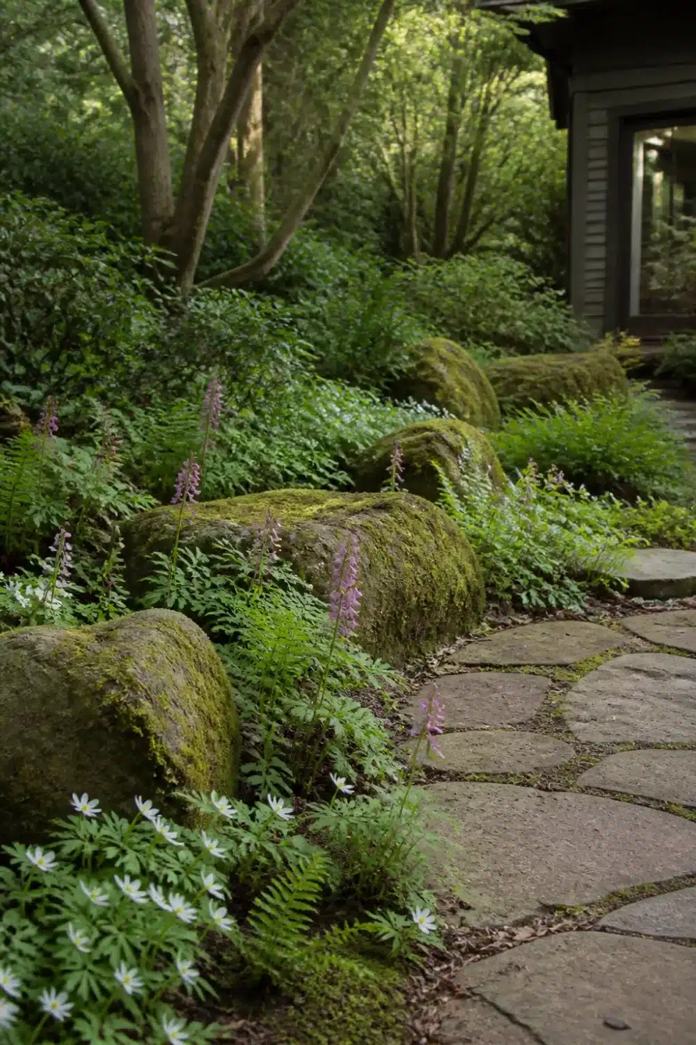 Moss-covered boulders with ferns and lupines in a woodland shade garden design layout alongside a stone path