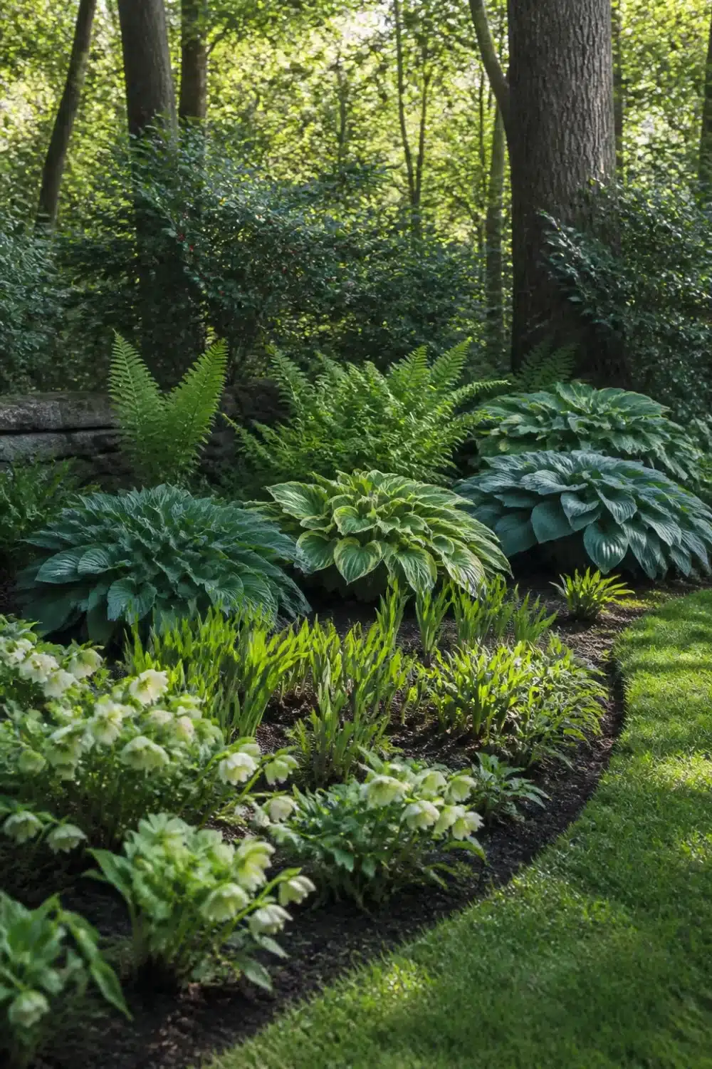 Shade garden design layout with hellebore edging, layered hostas, and ferns under a woodland canopy.