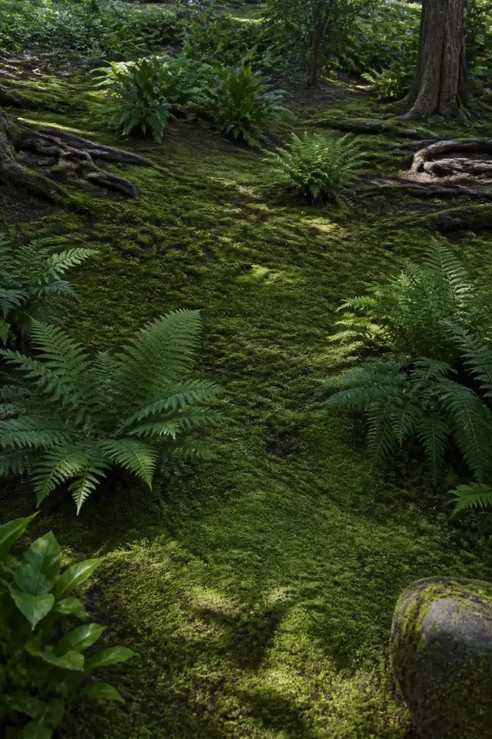 Dense moss carpet and fern clusters shade garden design layout under trees with exposed roots