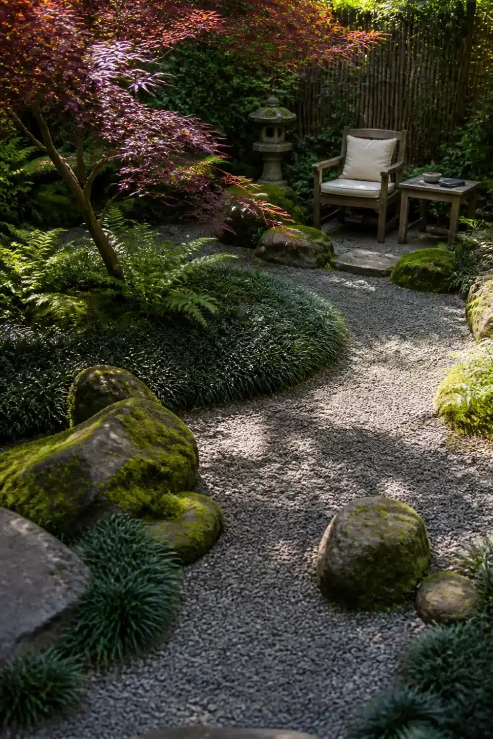 Japanese-inspired shade garden design layout with gravel path, moss rocks, stone lantern, and Japanese maple
