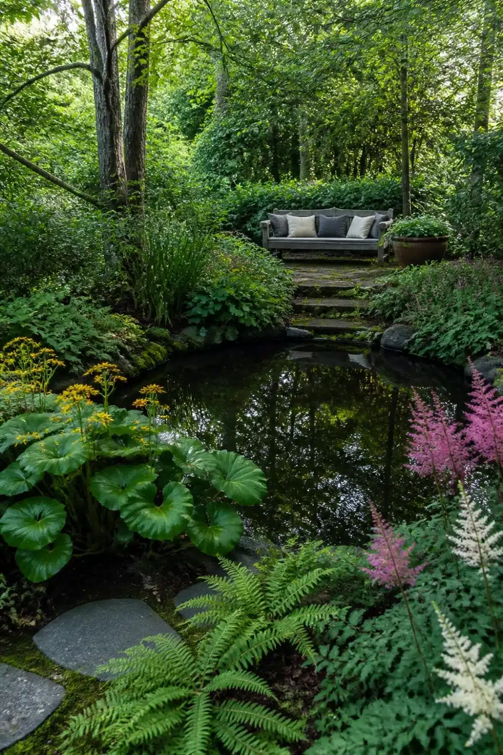 Shade garden design layout with still pond, bog plantings, ferns, astilbe, and a stone-stepped seating area