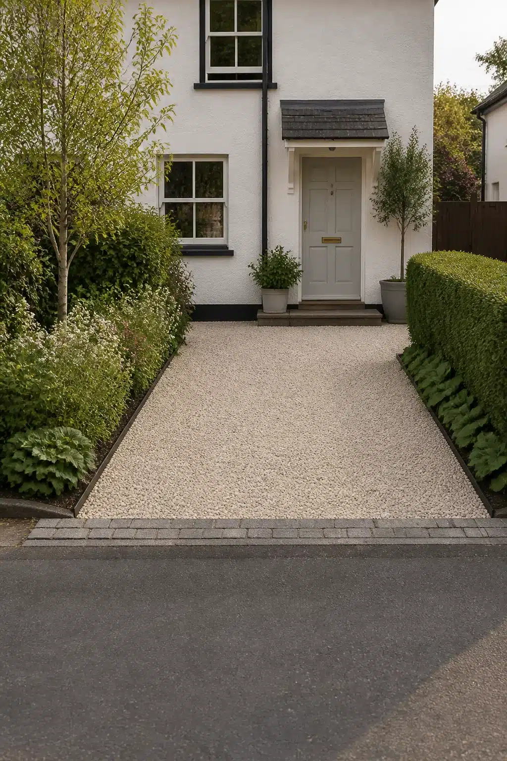 Small driveway ideas: pale gravel with dark sett border edging on a white cottage front garden