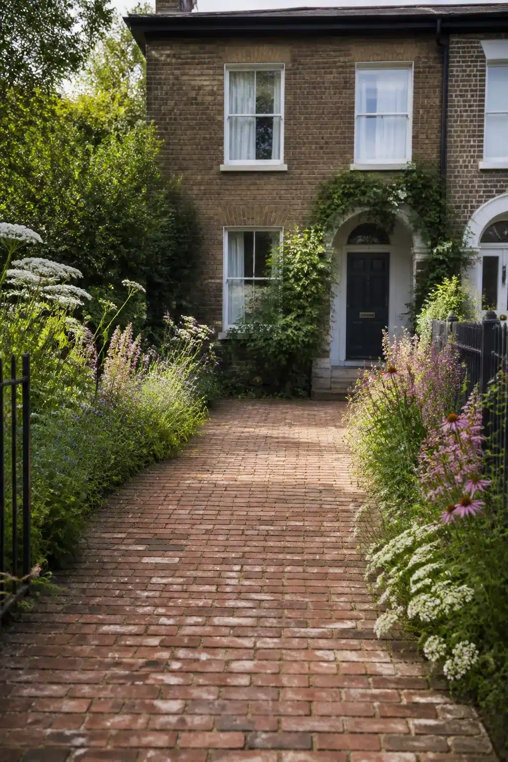Small driveway idea with reclaimed red brick path bordered by wildflowers leading to a period brick home.