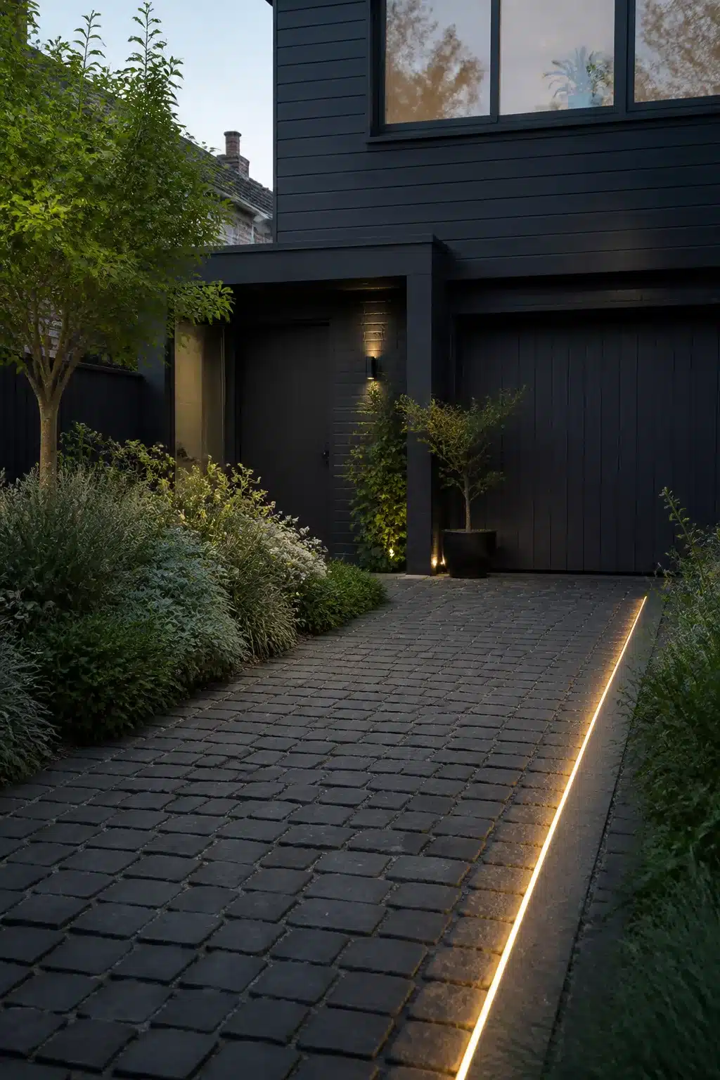 Small driveway ideas with dark basalt setts and a recessed LED lighting channel along the edge at dusk