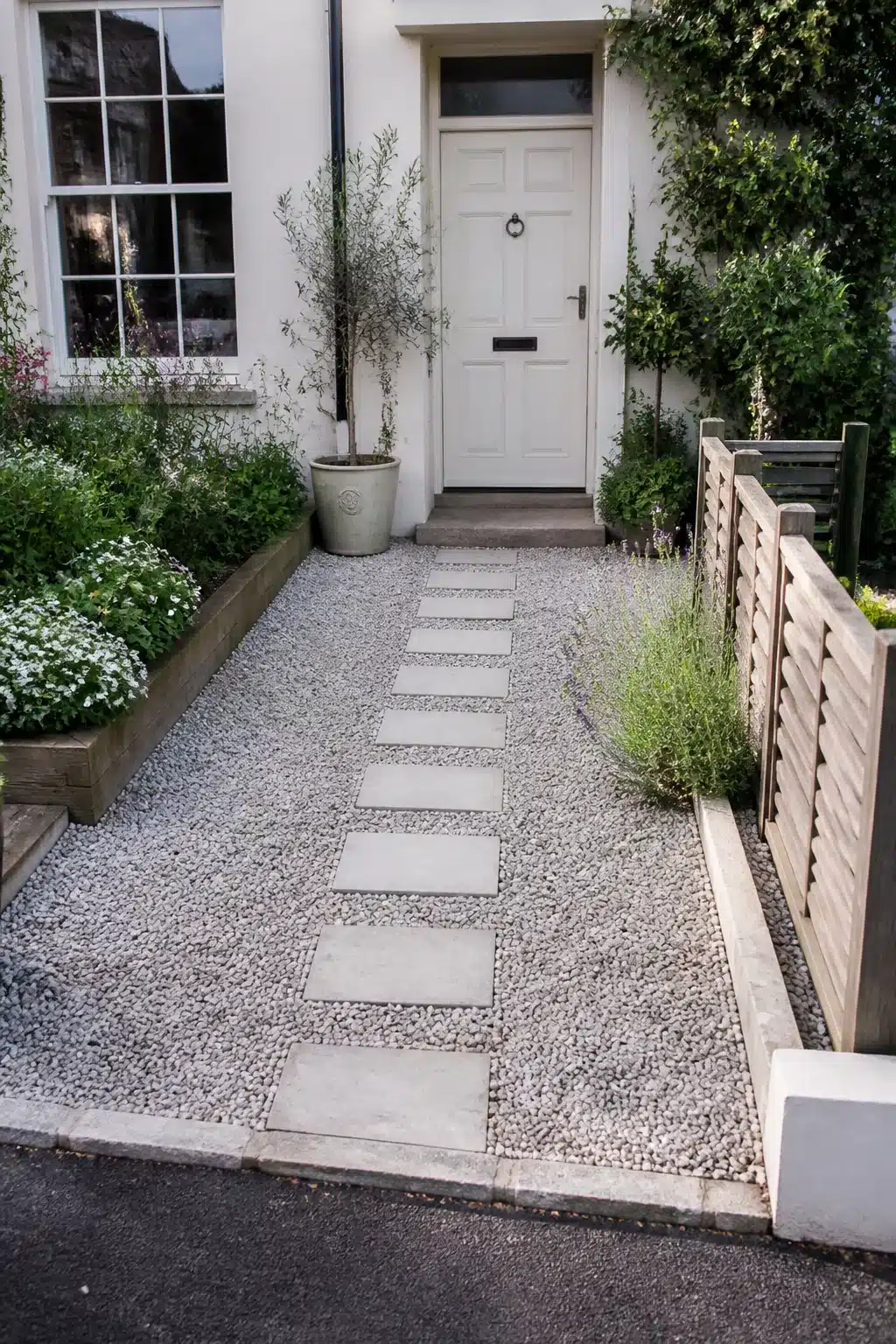 Small driveway idea with gray gravel surface and central concrete stepping stone path leading to a white front door.