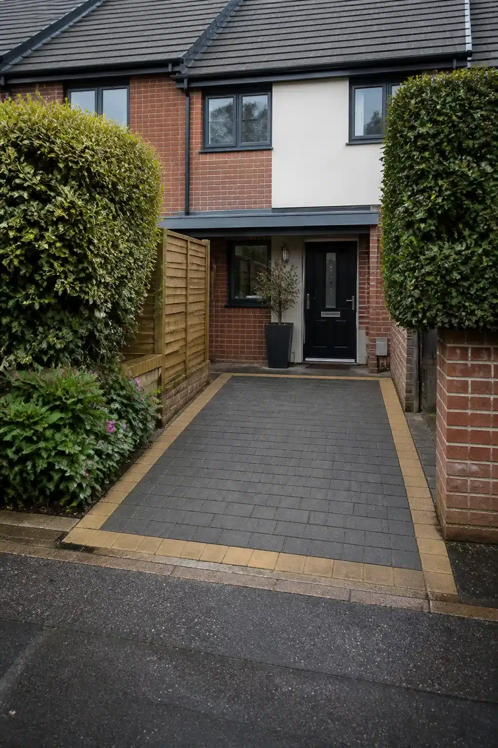 Small driveway idea with charcoal block paving in stretcher bond and warm gold sett border edging