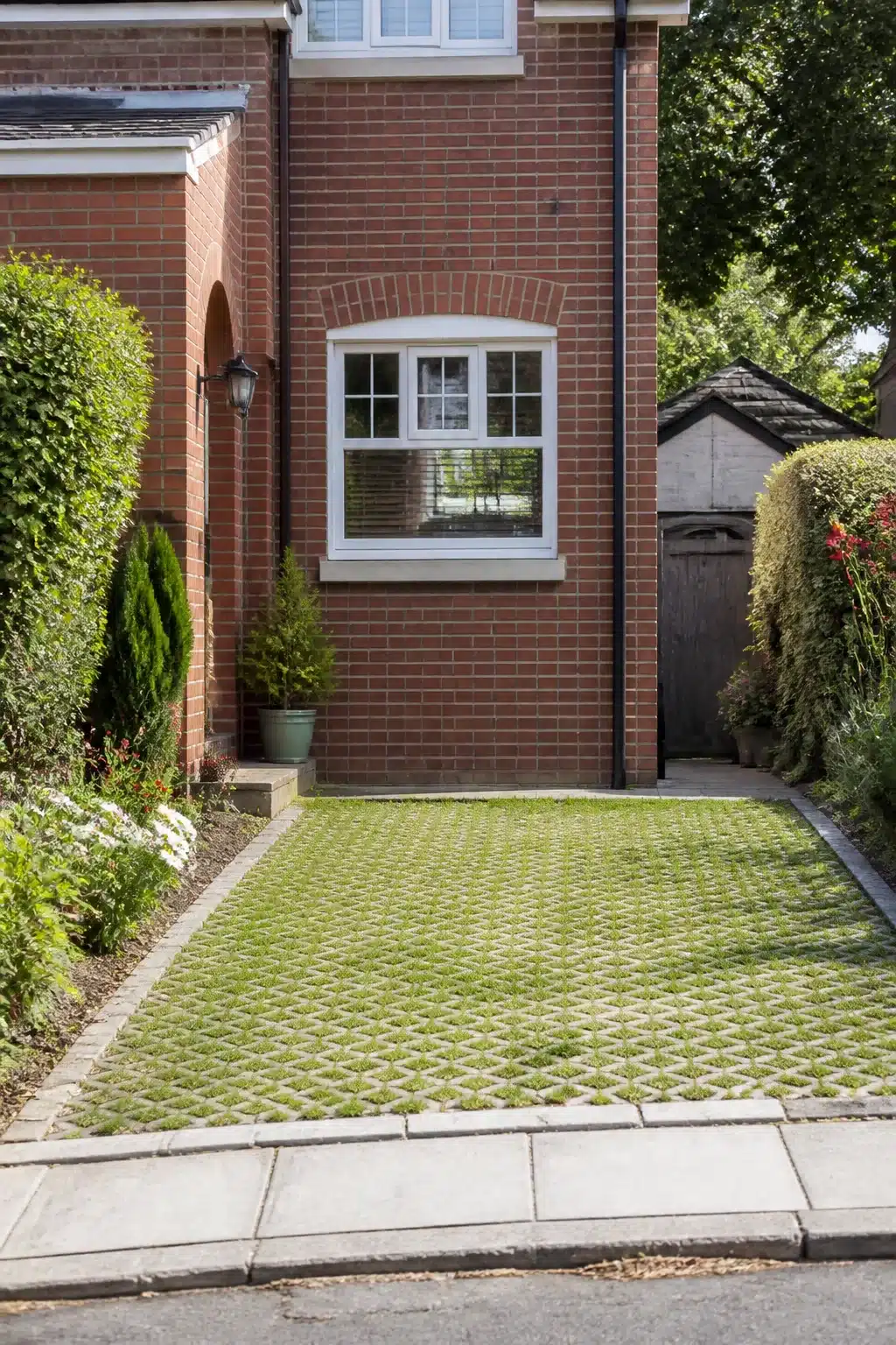 Small driveway ideas: grass-filled concrete grid pavers on a compact red brick home exterior