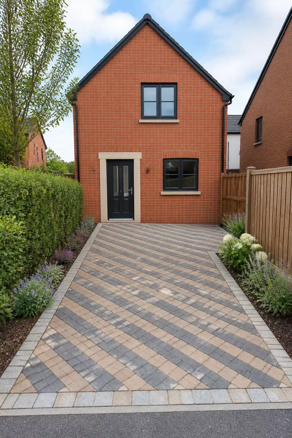 Small driveway ideas — two-tone buff and charcoal block paving in a diagonal stripe pattern with lavender borders