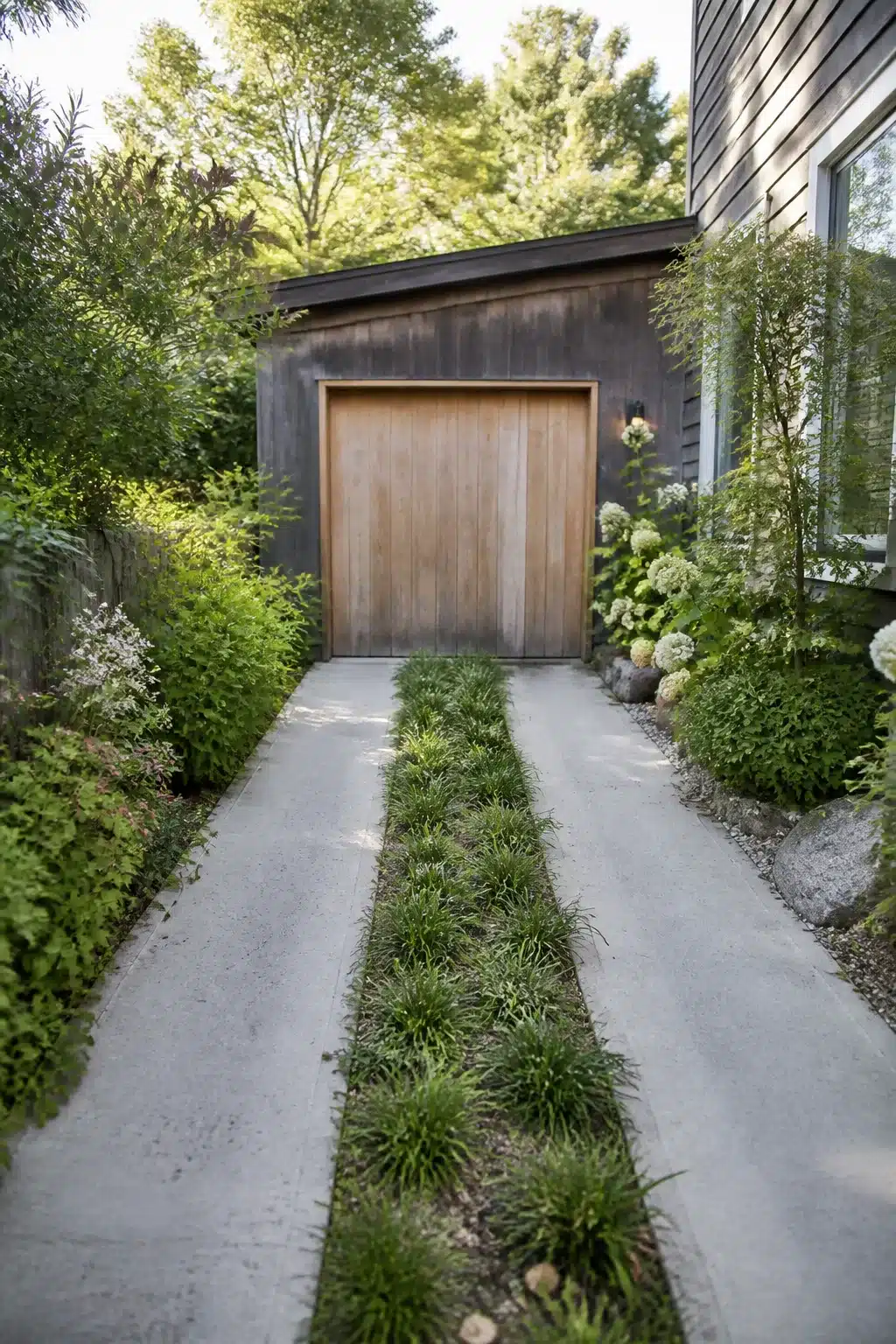 Narrow concrete track driveway with liriope grass center strip — small driveway ideas for tight side passages