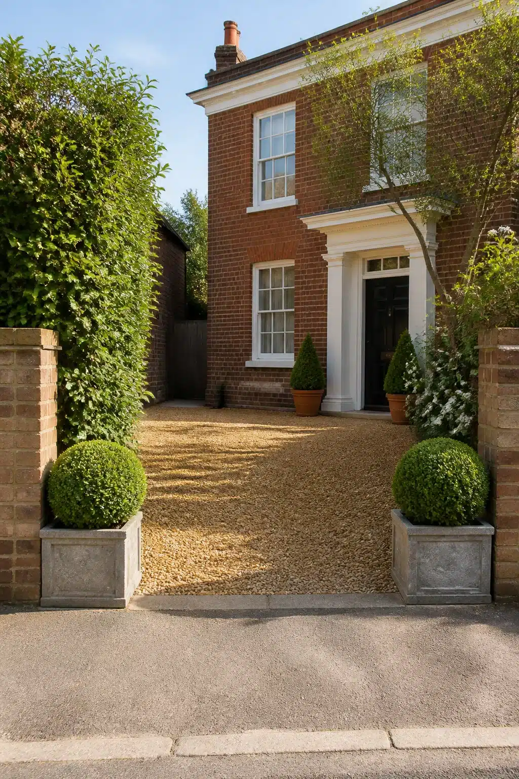 Small driveway idea with golden gravel surface, clipped box ball topiaries in stone planters outside a red brick home.