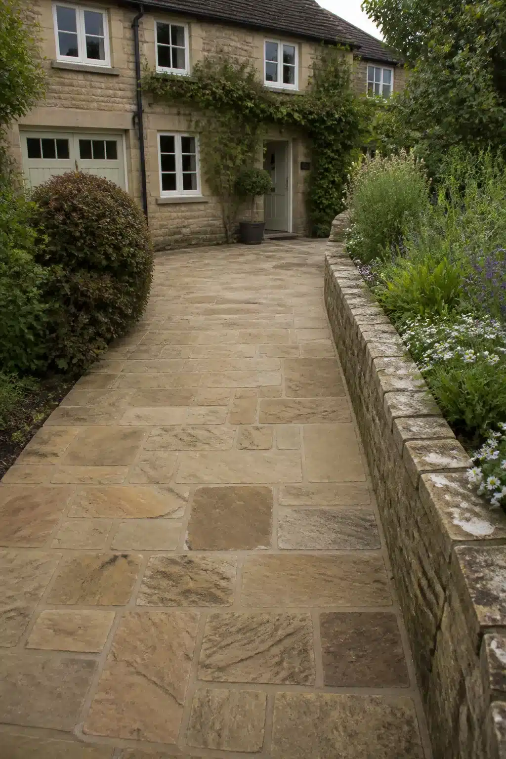 Small driveway idea using random-coursed sandstone flags with a raised dry-stone planting wall beside a stone cottage.
