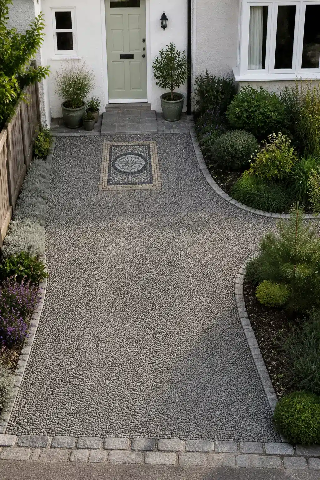 Small driveway idea with gray gravel, cobblestone border, and pebble mosaic medallion panel leading to a white home