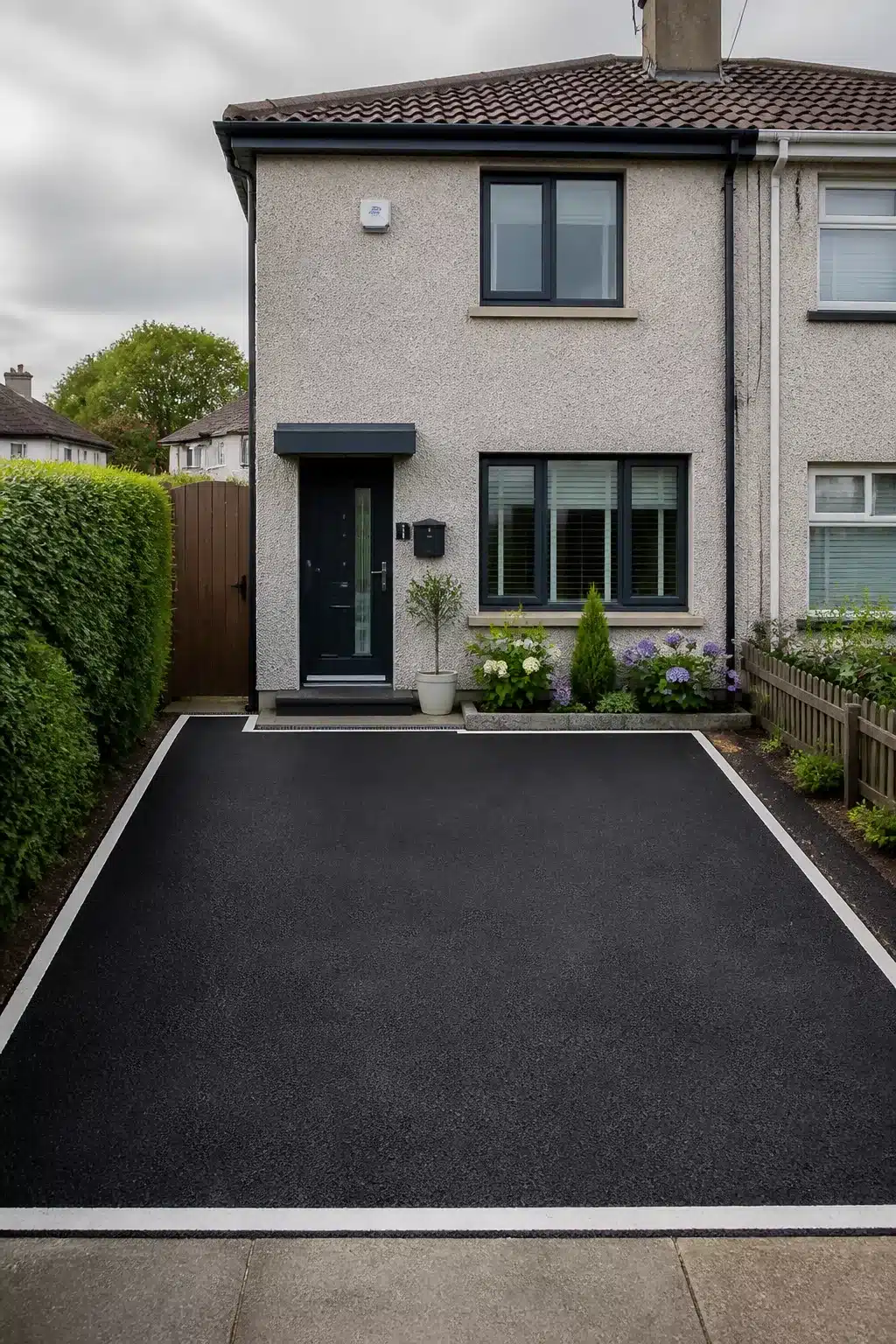 Small driveway idea with fresh black tarmac and white painted edge border lines on a residential home exterior.