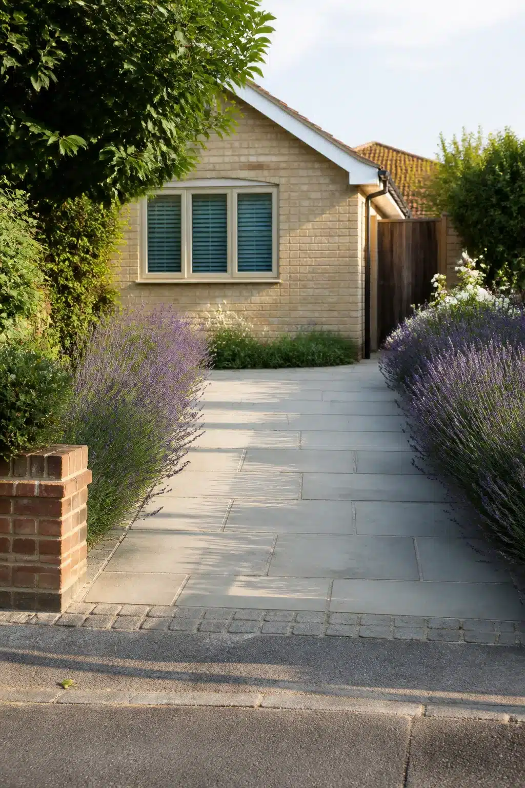 Small driveway ideas with grey Indian sandstone paving and lavender border plantings leading to a brick home.