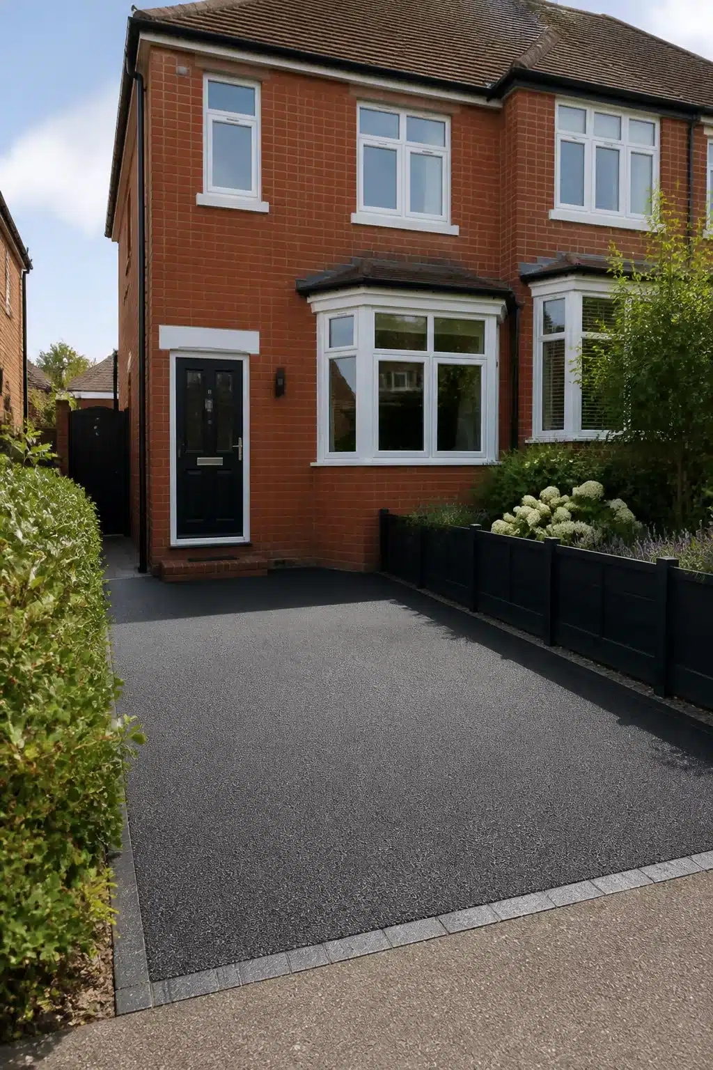 Small driveway ideas — resin-bound charcoal aggregate with granite sett border on a red brick semi-detached home