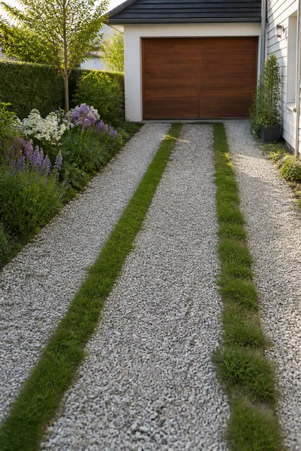 Small driveway idea with white gravel and grass stripe combo leading to a wooden garage door