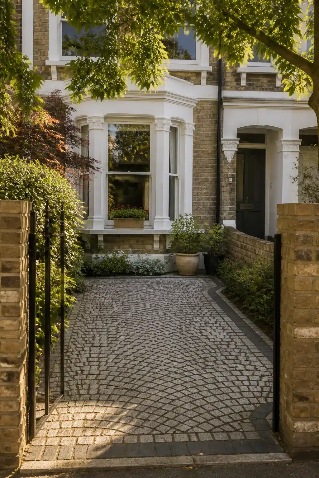 Small driveway idea with cobblestone setts in a fan pattern leading to a Victorian terraced home.