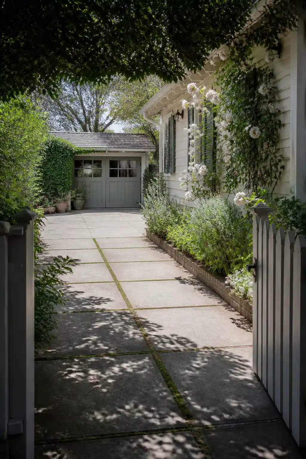 Small driveway ideas: concrete pavers with moss-filled joints bordered by white climbing roses and cottage garden planting.