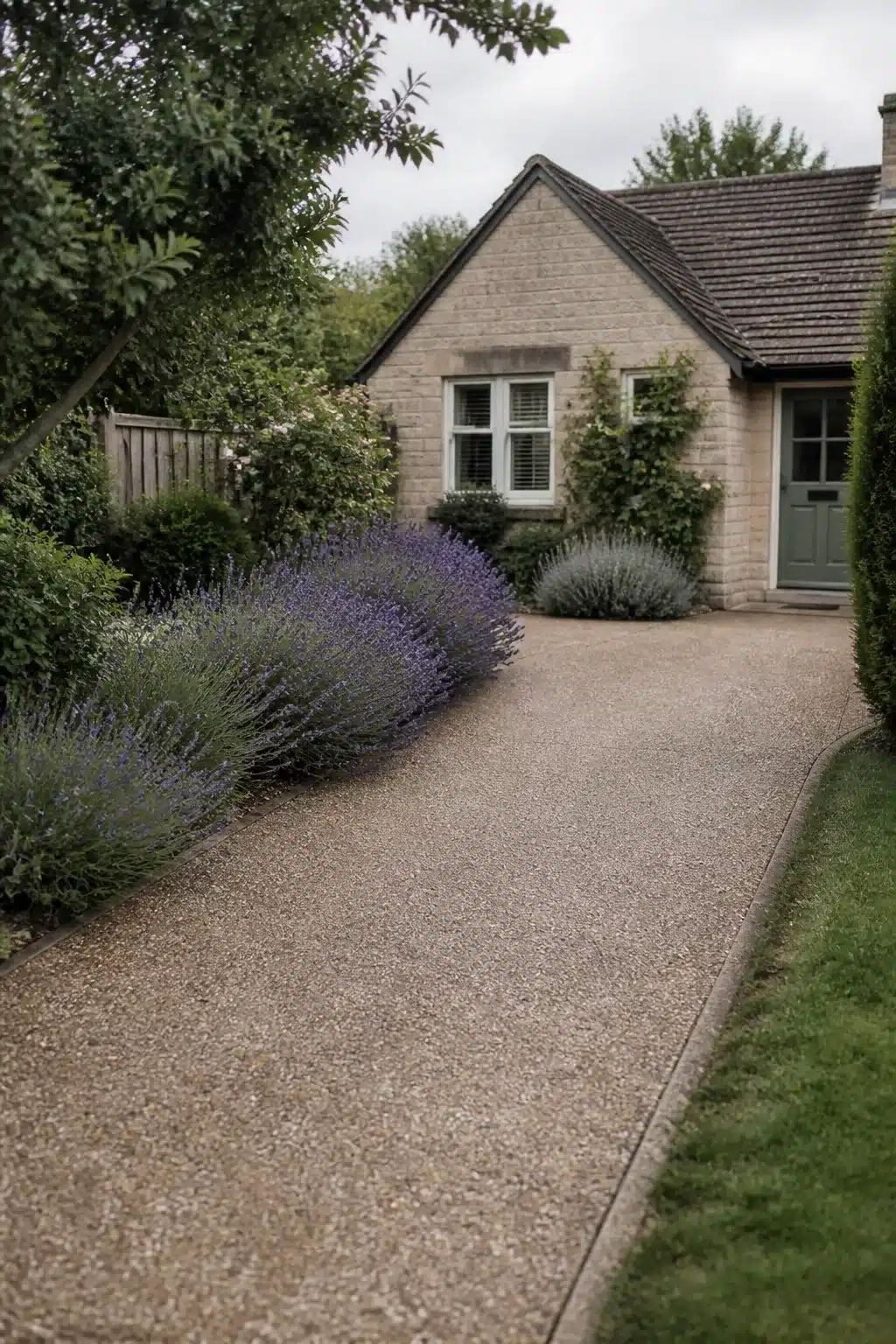Small driveway idea with exposed aggregate concrete surface edged with flowering lavender leading to a stone cottage