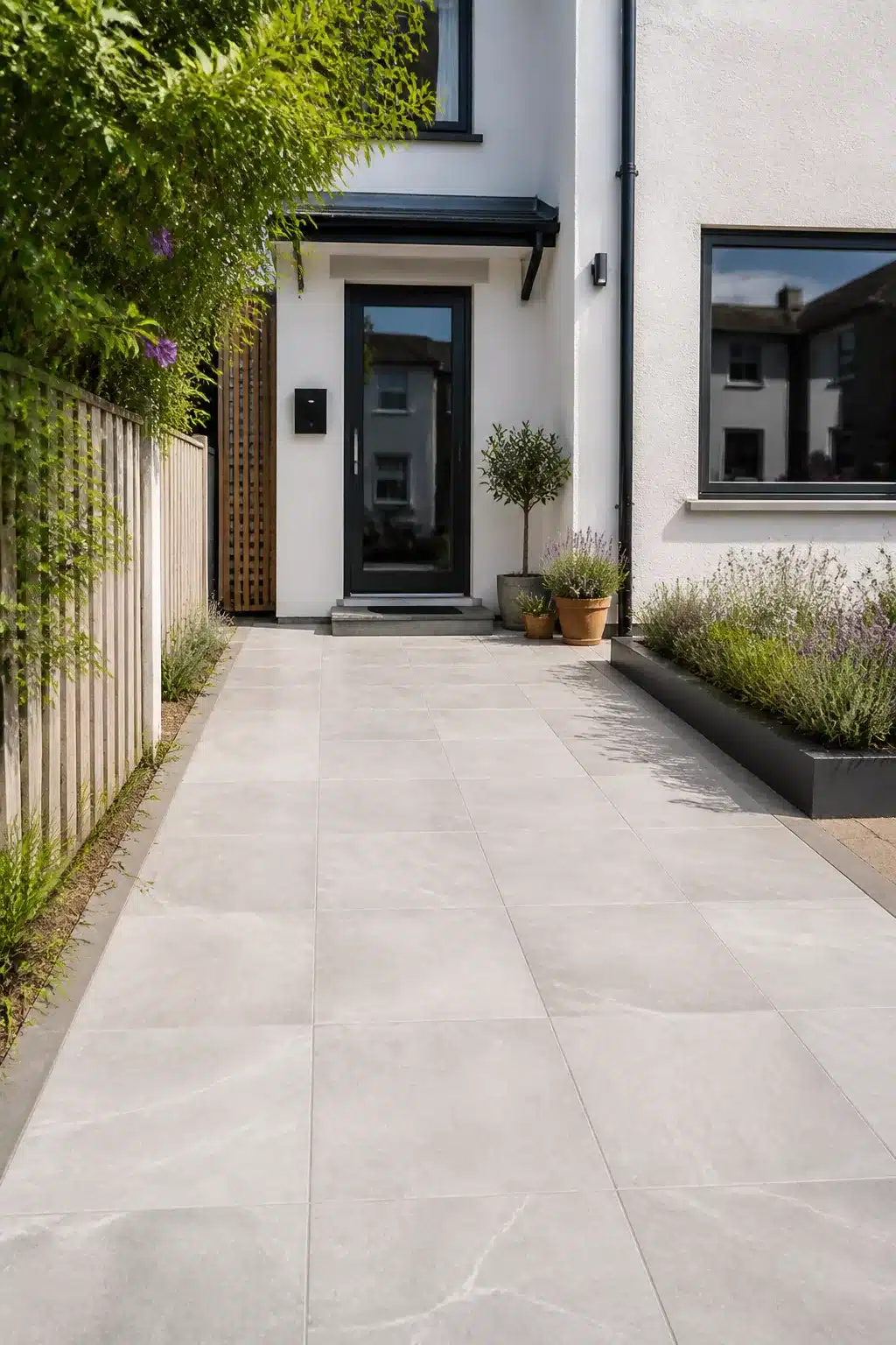 Small driveway idea with large-format light stone-effect porcelain tiles, lavender border, and black front door.
