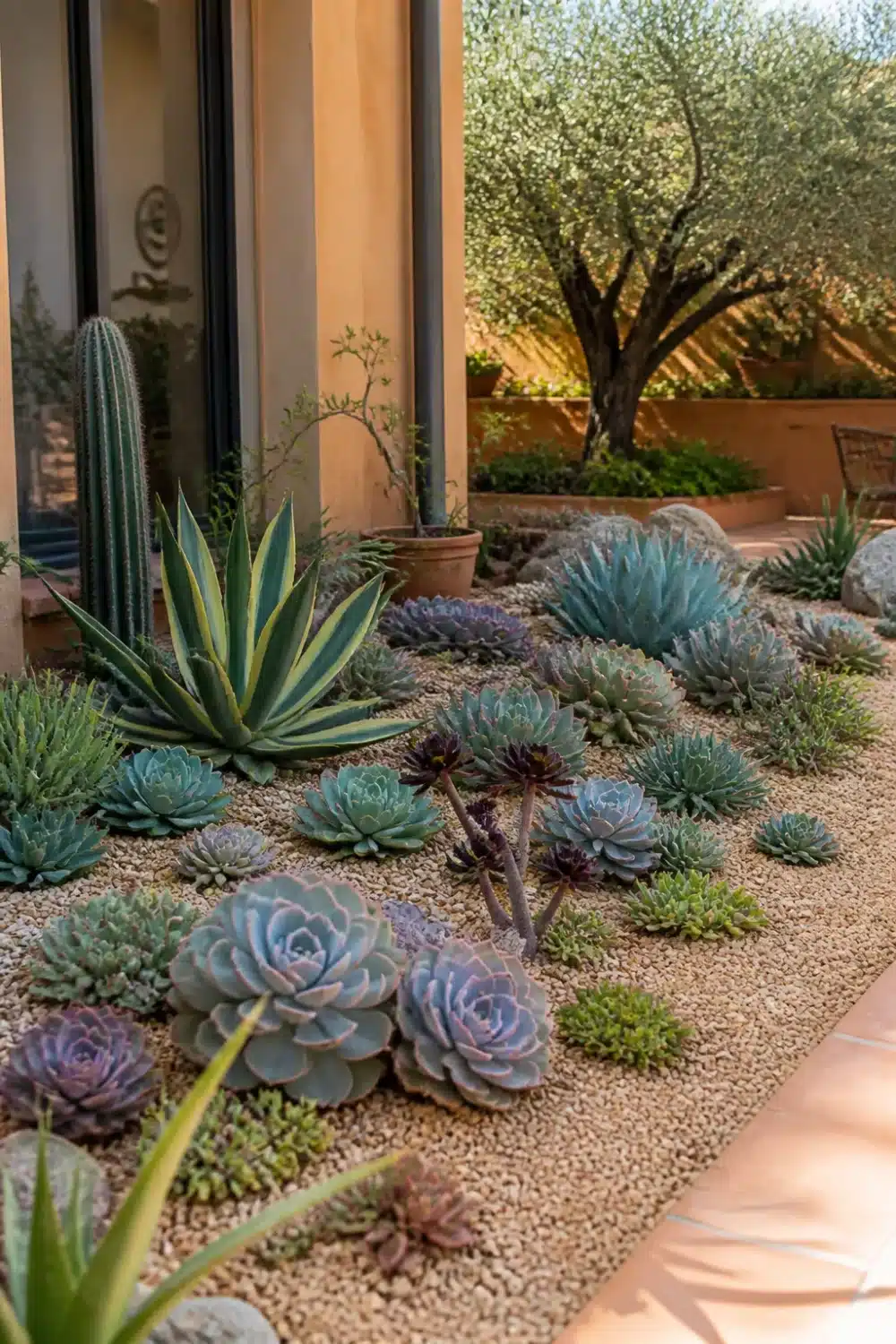 Blue-gray gravel succulent garden design with echeverias, agave, and cactus in a desert-style courtyard bed.