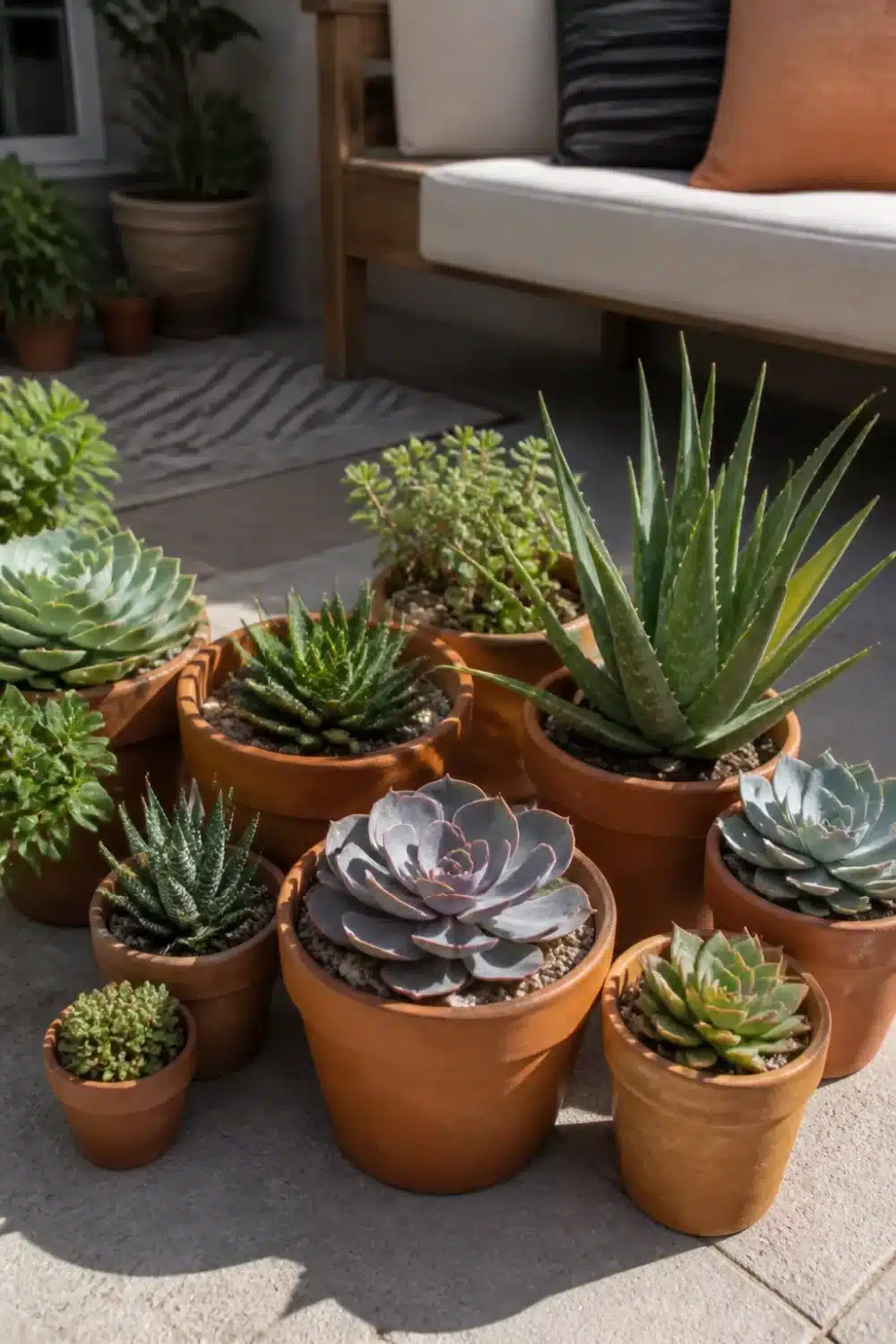 Terracotta pot cluster succulent garden design on a sunny patio with aloe, echeveria, and haworthia.