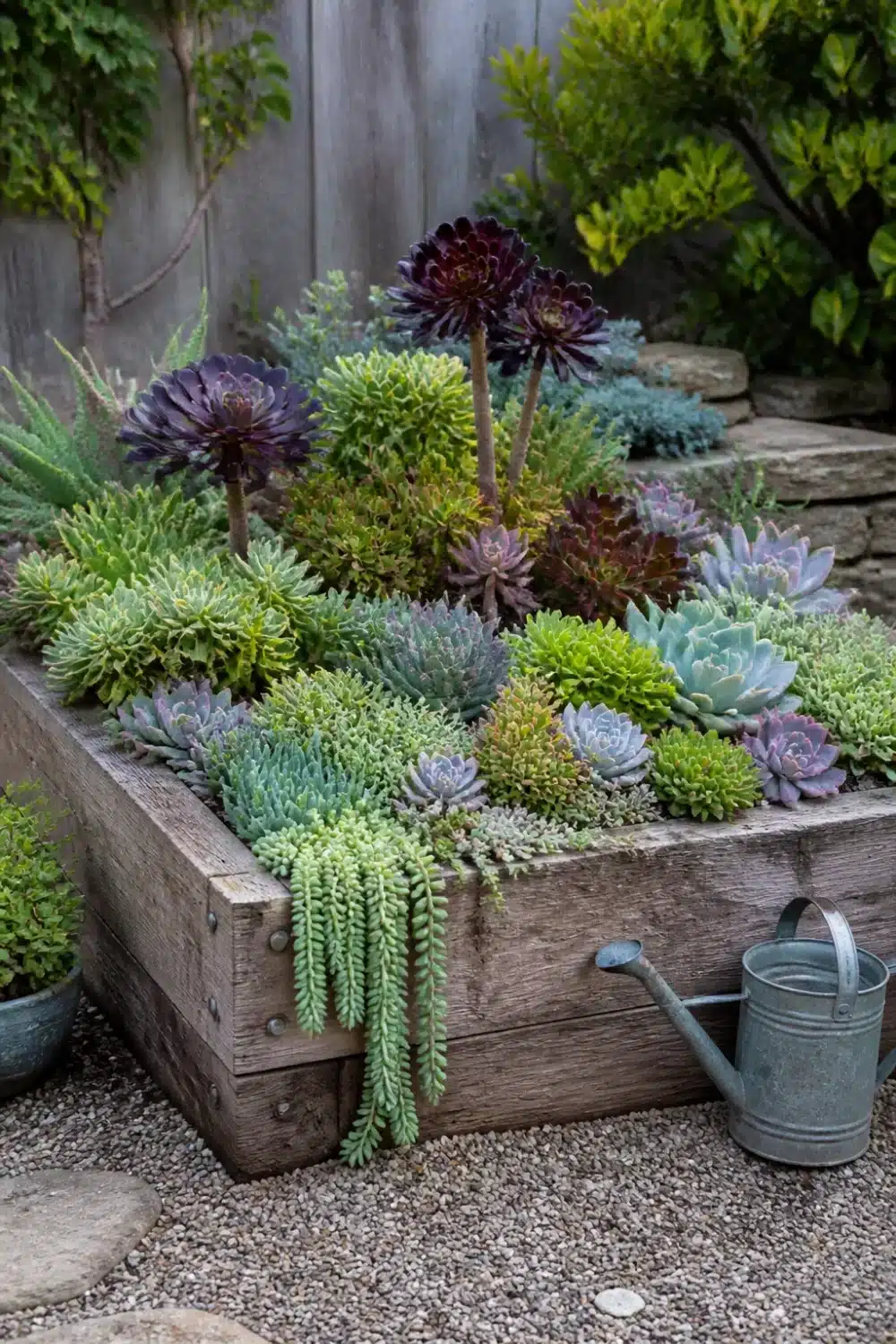 Weathered wood raised bed succulent garden design with Aeoniums, Echeverias, and trailing Sedum in a backyard