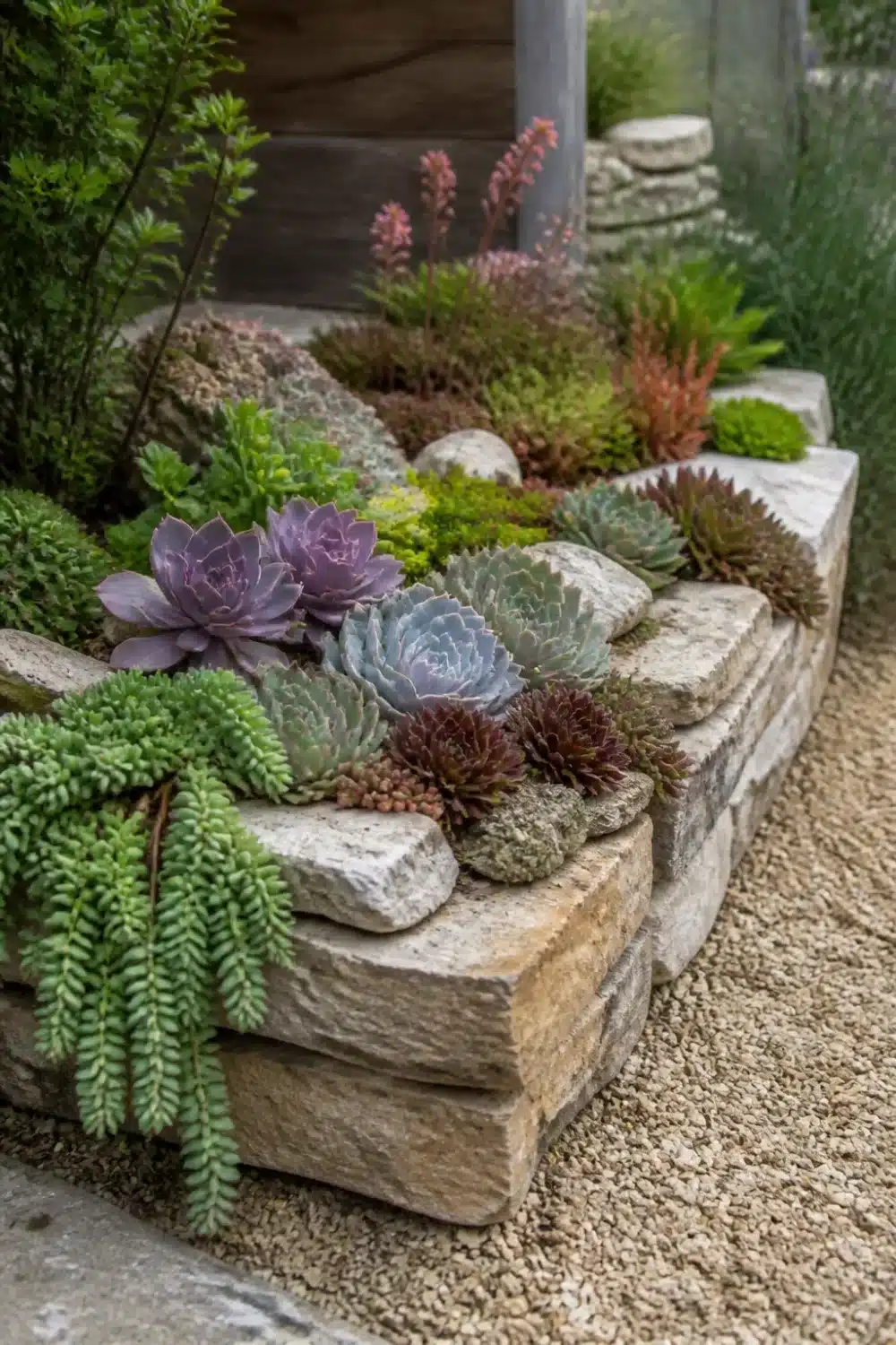 Raised limestone block succulent rock garden planted with purple sempervivums and trailing sedum beside a gravel path