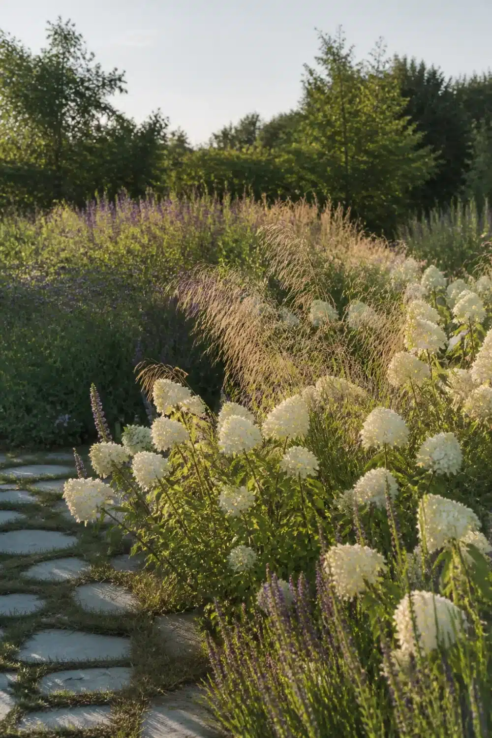 White hydrangea landscaping along a flagstone path with ornamental grasses and purple salvia in a naturalistic garden border