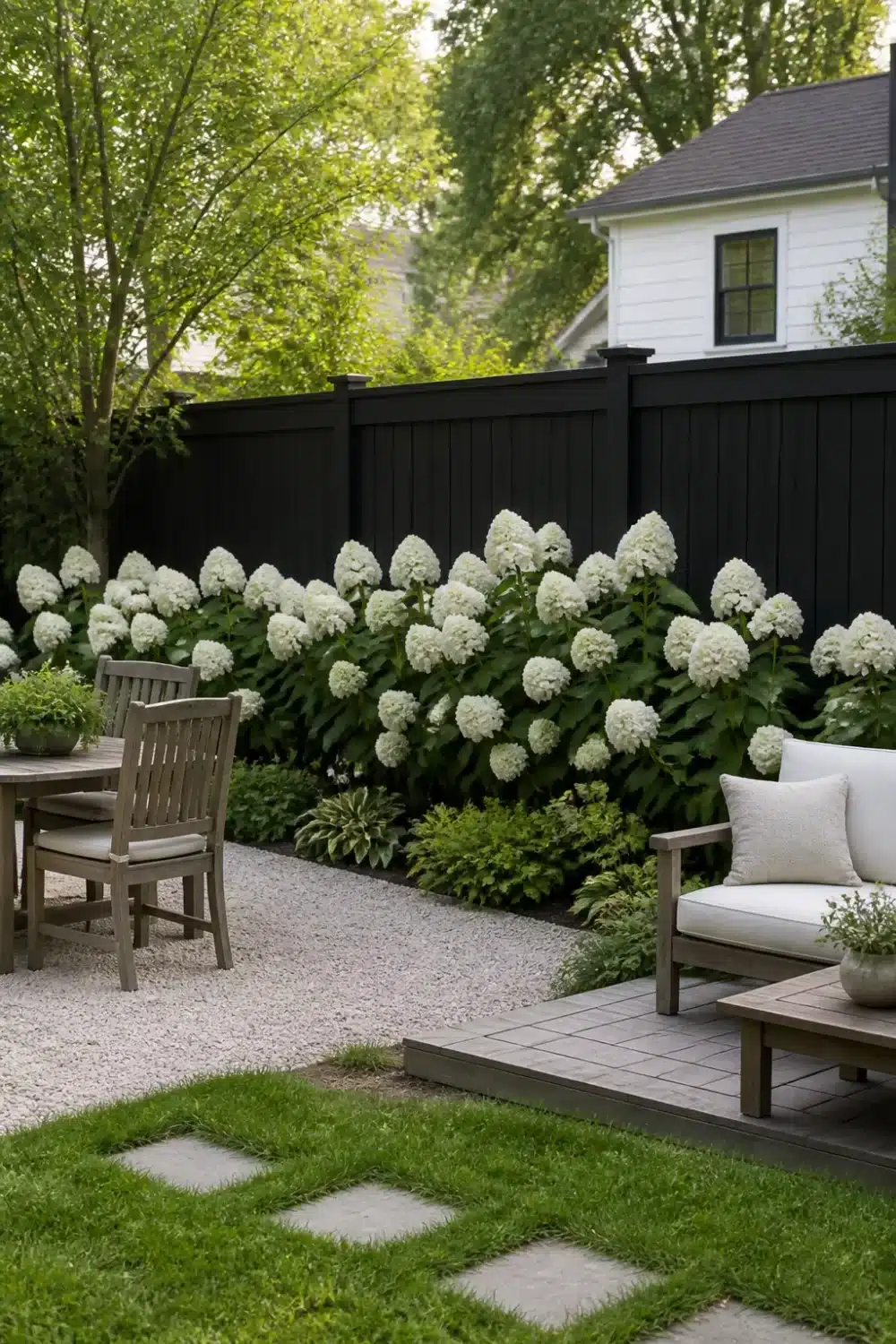 White hydrangea landscaping against a black painted fence with gravel patio and weathered wood furniture.