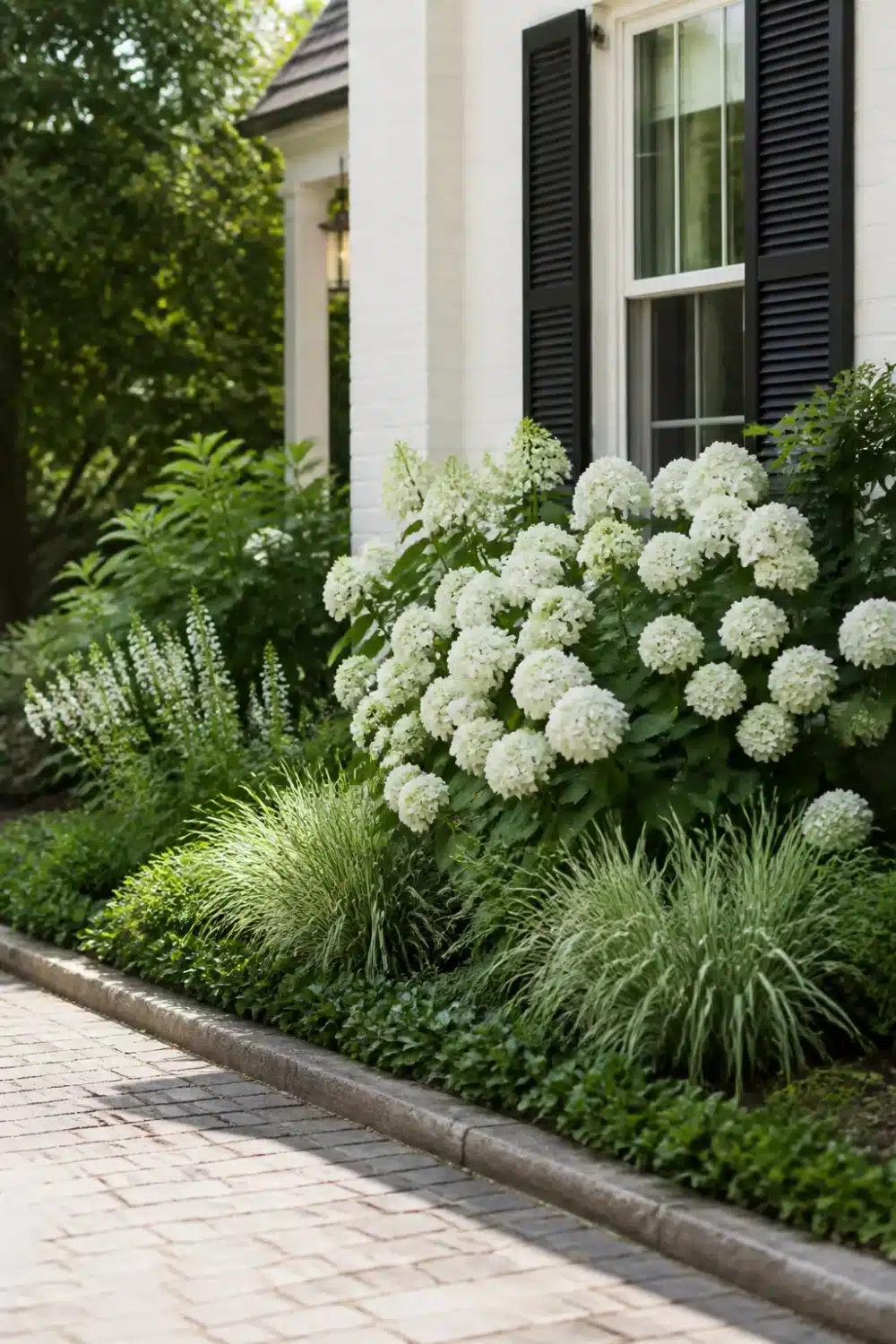 White hydrangea landscaping along a brick paver driveway with ornamental grass foundation border and black shutters