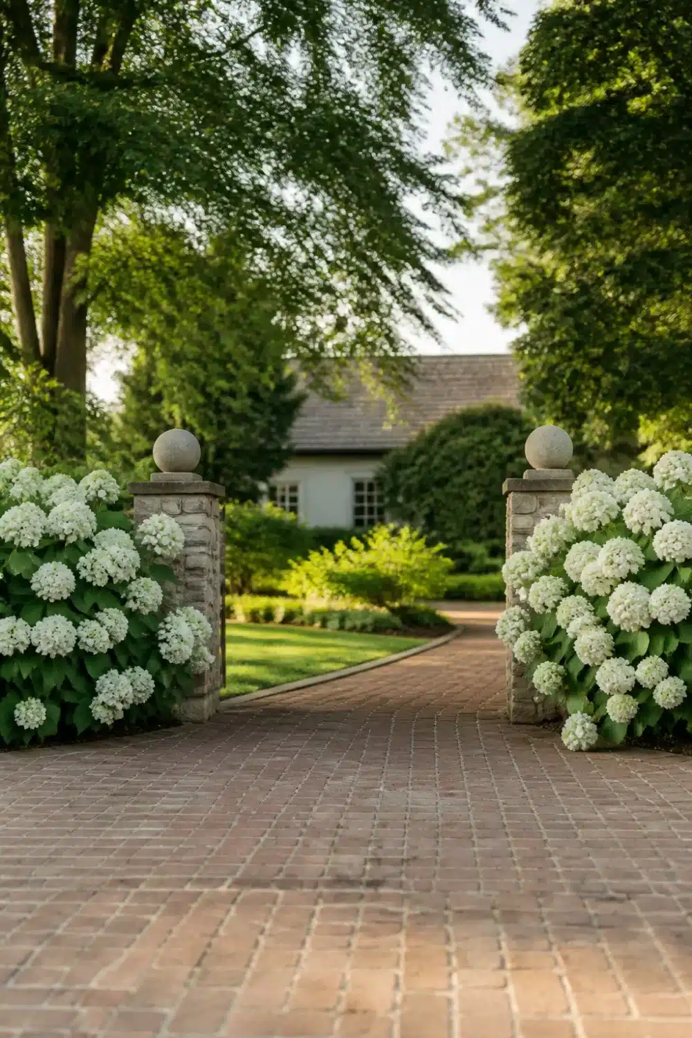 White hydrangea landscaping flanking stone driveway gate pillars with brick pavers and a cottage in the background.