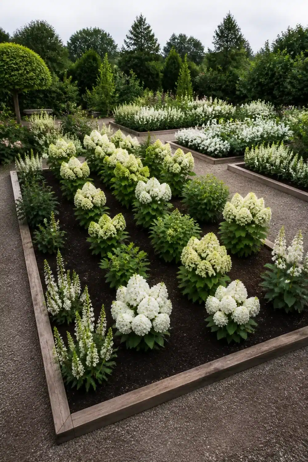 White hydrangea landscaping in raised timber beds with astilbe rows and dark soil in a structured cutting garden