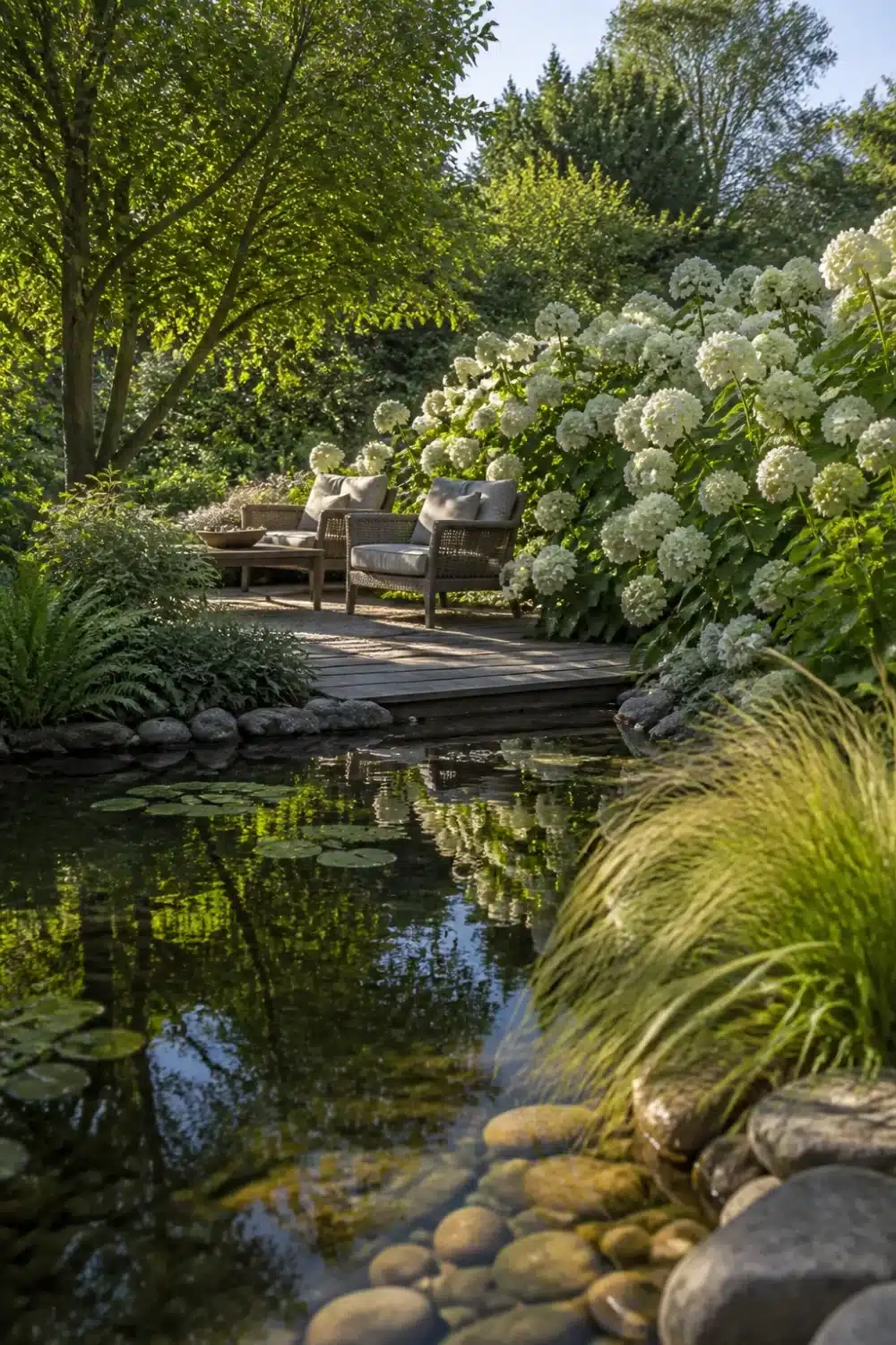 White hydrangea landscaping around a garden pond with a timber deck, river stones, and ornamental grasses.