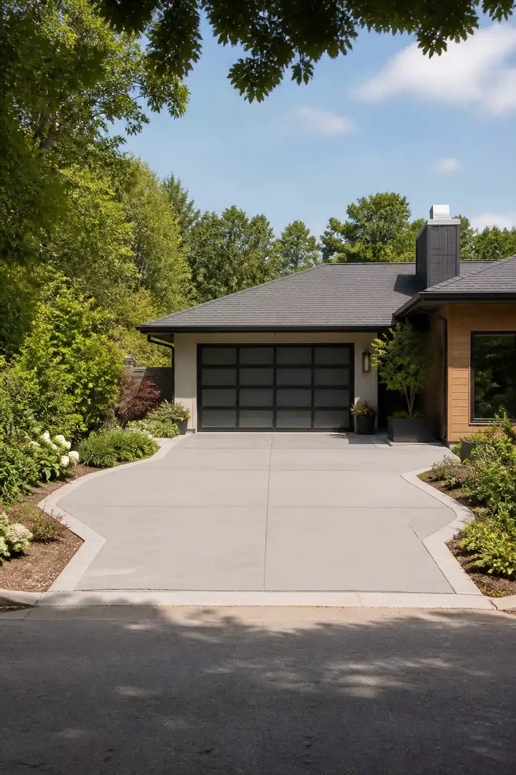 Widen driveway ideas: symmetrical concrete flare with smooth gray surface and curved edges for improved curb appeal
