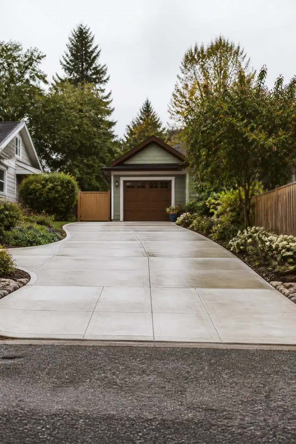 Wide concrete apron driveway with planted curved borders — widen driveway ideas for better curb appeal