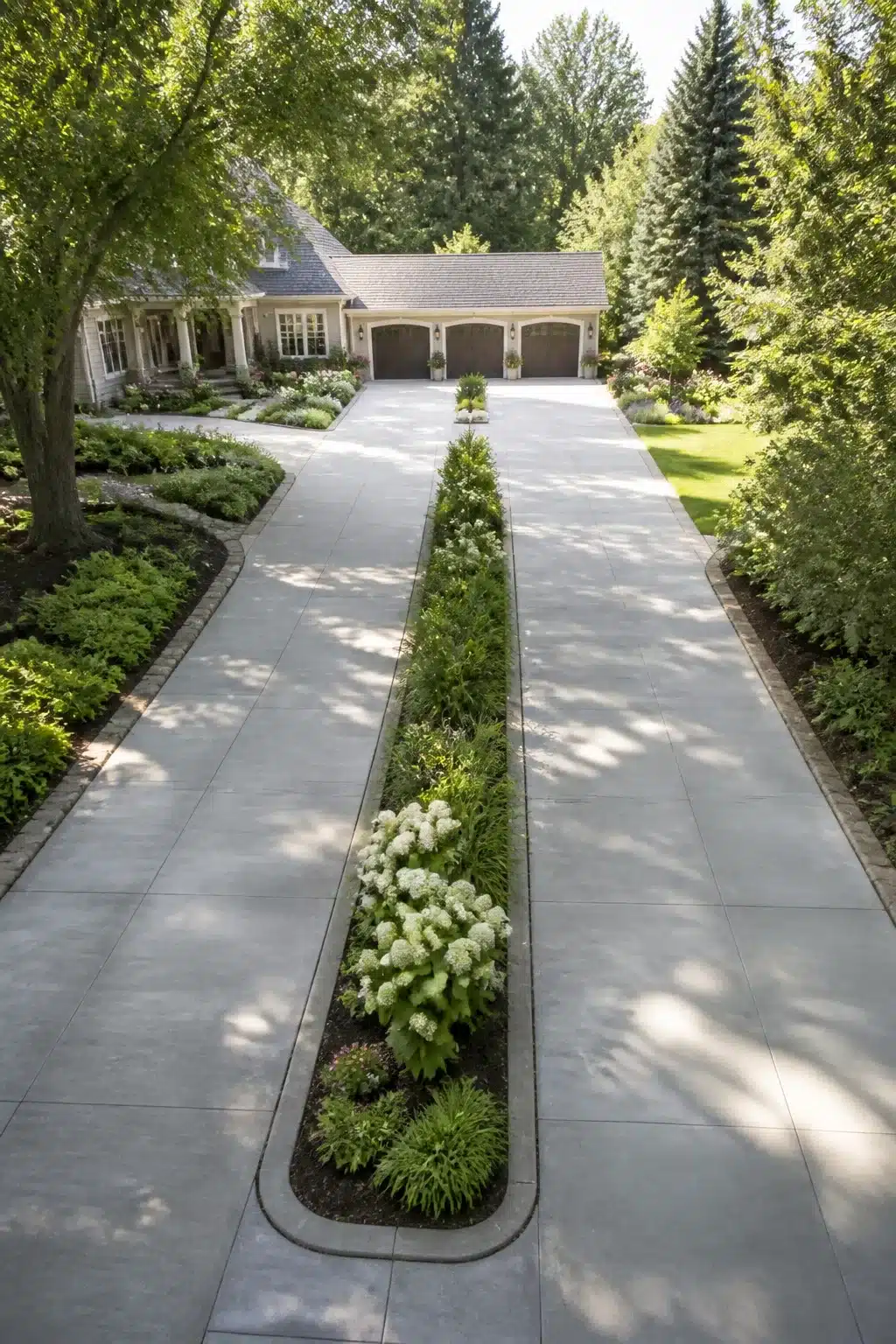 Widen driveway ideas with split concrete lanes and a planted center median with white hydrangeas and edging