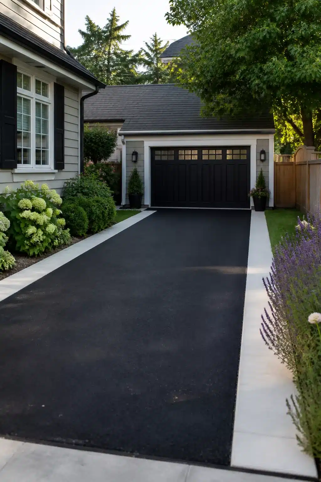 Widen driveway ideas: black asphalt with white concrete ribbon edging, flanked by lavender and hydrangea borders.
